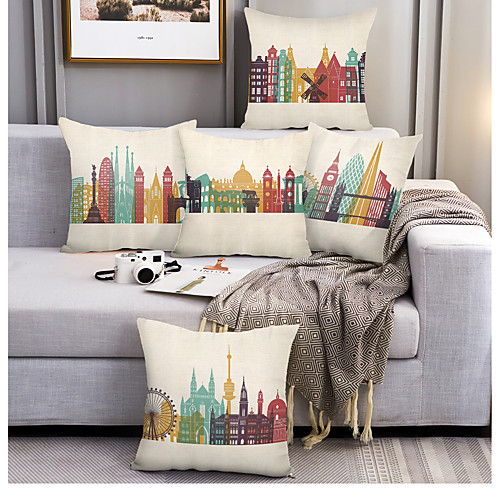 

City Double Side Cushion Cover 5PCS/SET Faux Linen Soft Decorative Square Throw Pillow Cover Cushion Case Pillowcase for Sofa Bedroom Machine Washable Outdoor Cushion for Sofa Couch Bed Chair