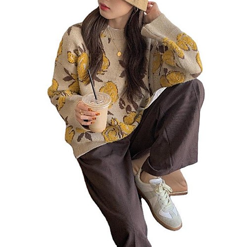 

Women's Floral Pullover Long Sleeve Sweater Cardigans Round Neck Black Apricot