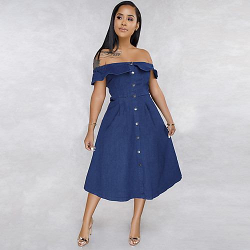 

Women's Sheath Dress Midi Dress Denim Blue Sleeveless Solid Color Spring Summer Casual / Daily 2021 S M L XL XXL / Denim Dress