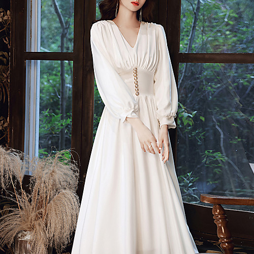 

A-Line Empire Elegant Party Wear Prom Dress V Neck Long Sleeve Tea Length Chiffon with Pleats 2021