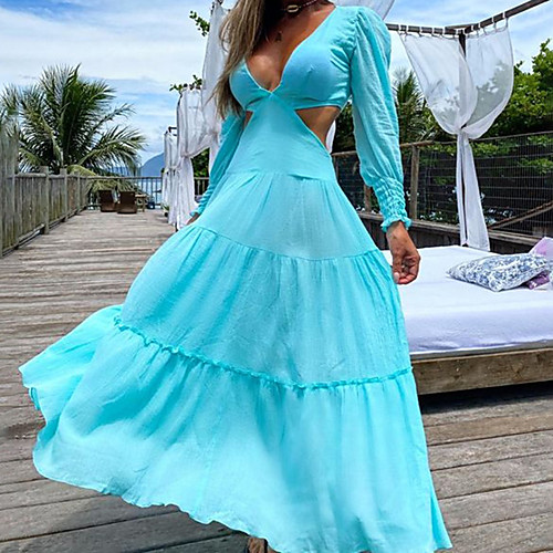 

Women's Swing Dress Maxi long Dress Light Blue Long Sleeve Solid Color Summer V Neck Casual 2021 S M L XL