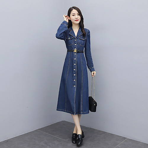 

Women's Shirt Dress Midi Dress Blue (with belt) Long Sleeve Solid Color Spring Summer Casual / Daily 2021 S M L XL XXL