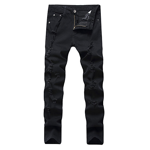 

Men's Chino Ripped Casual Club Jeans Chinos Pants Solid Colored Full Length Cut Out Pocket Black