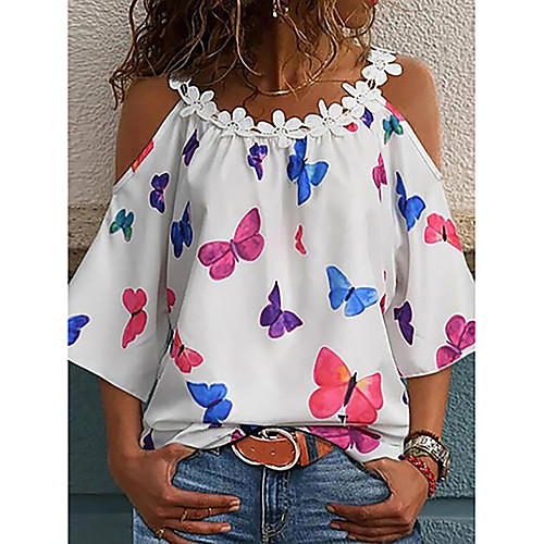 

Women's Holiday Blouse Tank Top Vest Butterfly Heart Print Round Neck Streetwear Boho Tops White Rainbow