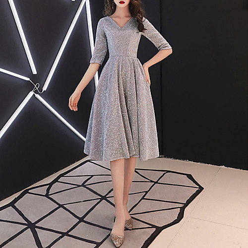 

A-Line Sparkle Elegant Party Wear Cocktail Party Dress V Neck Half Sleeve Knee Length Sequined with Sash / Ribbon 2021