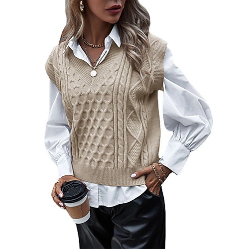 

Women's Solid Color Vest Sleeveless Sweater Cardigans V Neck Gray khaki Royal Blue