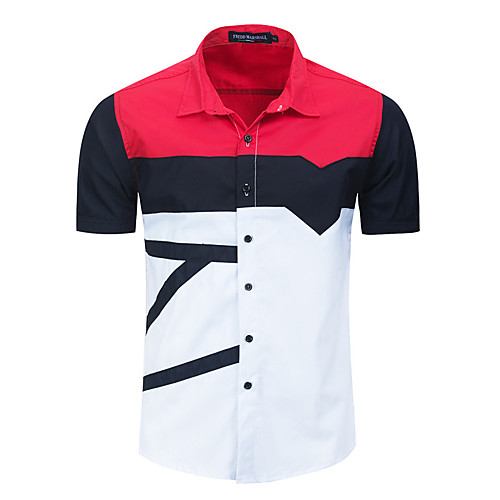 

Men's Shirt Color Block Button-Down Short Sleeve Street Tops Cotton Casual Military Comfortable Red