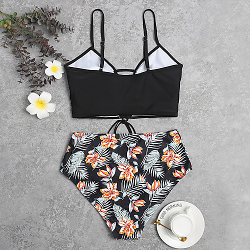 

Women's Bikini 2 Piece Swimsuit Push Up Floral Solid Color Black Plus Size Swimwear Padded Crop Top Plunge Bathing Suits New Casual Sexy / Holiday / Padded Bras / Beach