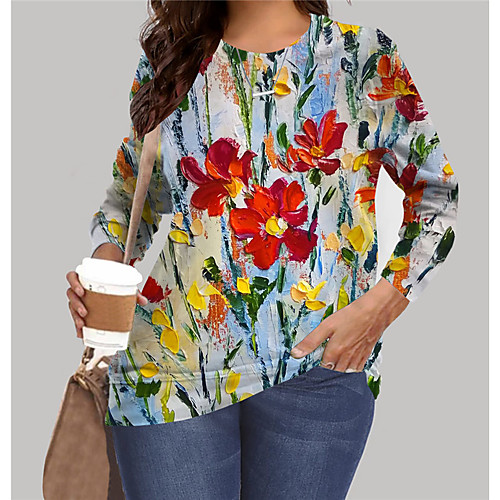 

Women's Plus Size Tops Sweatshirt Floral Graphic Print Long Sleeve Crewneck Basic Blue Big Size XL XXL 3XL 4XL 5XL