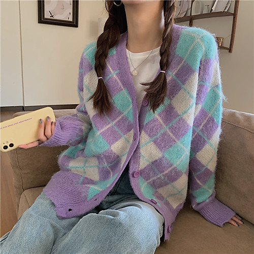 

Women's Plaid / Check Sweater Long Sleeve Sweater Cardigans V Neck Purple