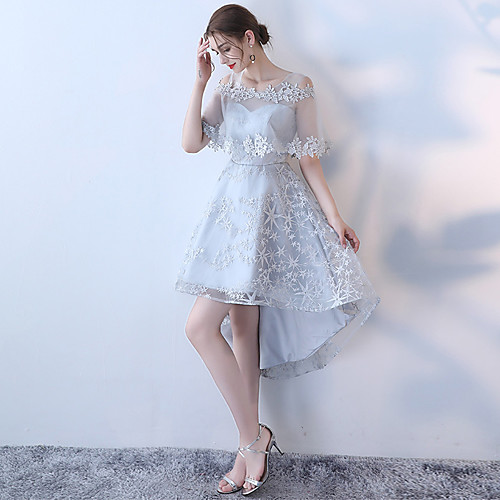 

A-Line Minimalist Elegant Party Wear Cocktail Party Dress Jewel Neck Half Sleeve Asymmetrical Tulle with Lace Insert Pattern / Print 2021