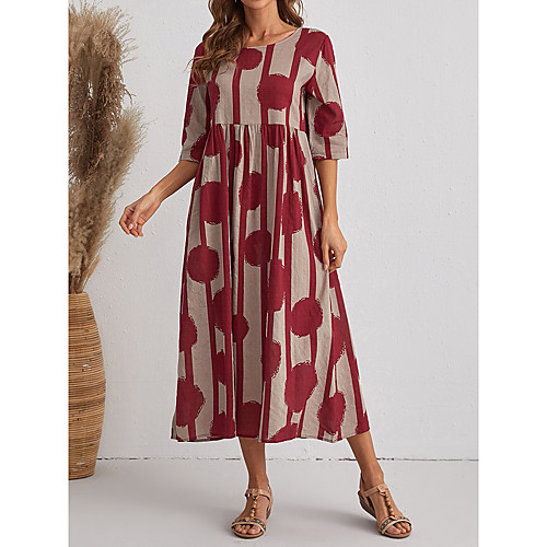 

Women's Swing Dress Midi Dress Red Long Sleeve Print Spring Summer Casual Loose 2021 S M L XL