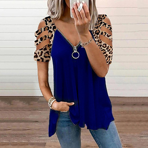

Women's Blouse Shirt Leopard Cut Out Zipper Patchwork V Neck Basic Streetwear Tops White Blue Wine