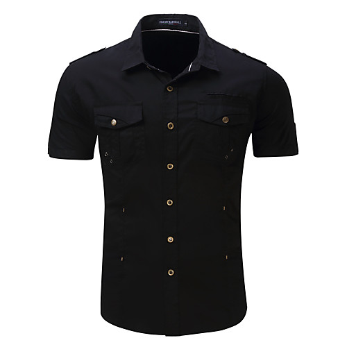 

Men's Shirt Solid Color Button-Down Short Sleeve Street Tops Cotton Casual Military Comfortable Black Khaki Gray