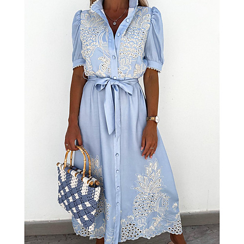 

Women's Sundress Maxi long Dress Blue Short Sleeve Floral Lace up Lace Summer Shirt Collar Boho Lantern Sleeve Loose 2021 S M L XL XXL