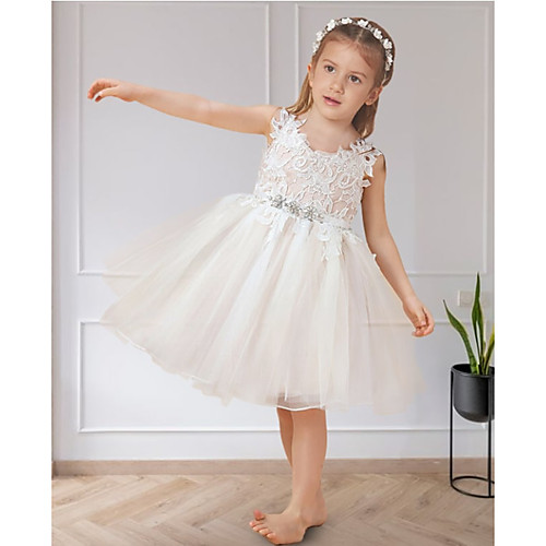 

A-Line Knee Length Flower Girl Dresses Party Tulle Sleeveless Jewel Neck with Sash / Ribbon