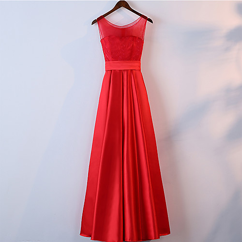 

A-Line Minimalist Vintage Engagement Formal Evening Dress Jewel Neck Sleeveless Floor Length Satin with Lace Insert 2021