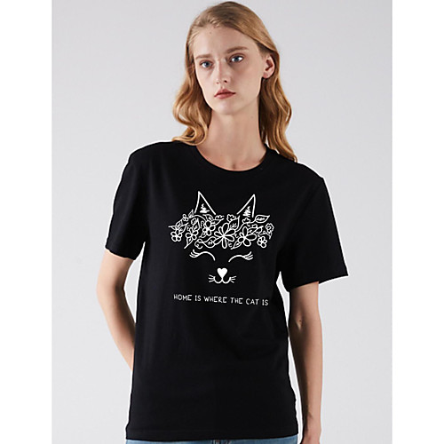 

Women's T shirt Fox Print Round Neck Basic Tops Black Khaki Green
