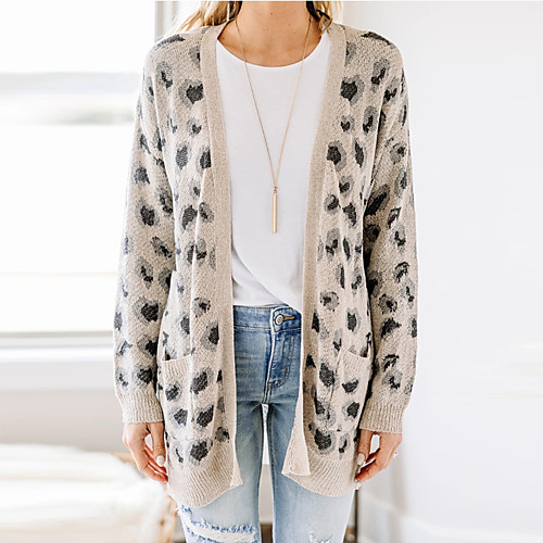 

Women's Leopard Print Sweater Long Sleeve Sweater Cardigans V Neck Blushing Pink khaki