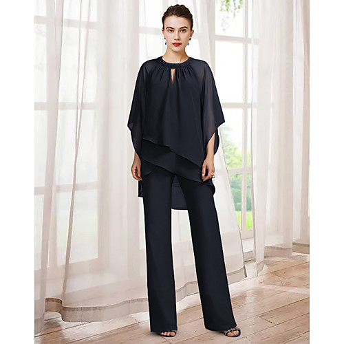 

Two Piece Pantsuit / Jumpsuit Mother of the Bride Dress Elegant Jewel Neck Floor Length Chiffon Half Sleeve with Beading Ruffles 2021