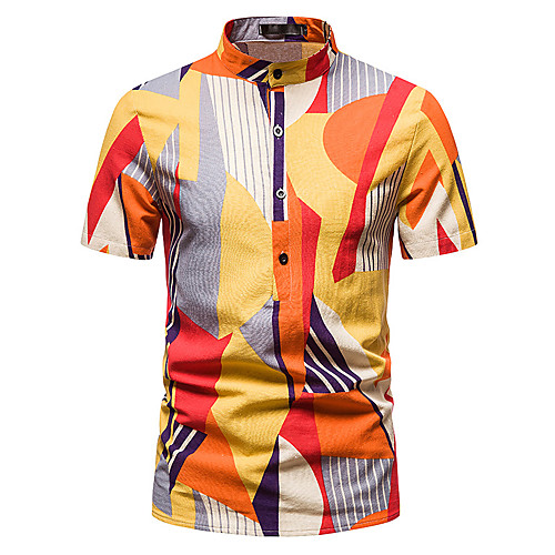 

Men's Shirt Other Prints Geometry Print Short Sleeve Daily Tops Fashion Hawaiian Beach Orange / Summer / Stand Collar