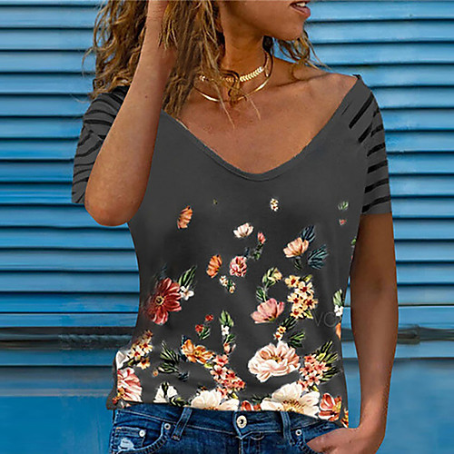 

Women's Floral Theme Painting T shirt Floral Striped Heart Print V Neck Basic Tops White Black Khaki