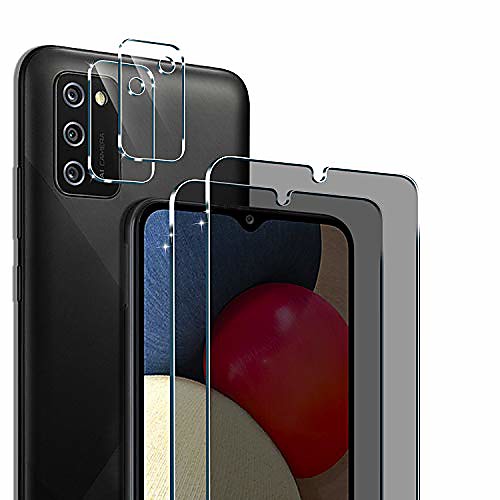 

pulen for samsung galaxy a02s privacy screen protector (2 packs) with 2 packs camera lens protector,hd clear anti-spy self-adhesive scratch resistance tempered glass