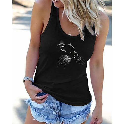 

Women's Tank Top Vest Cat Animal Print U Neck Basic Streetwear Tops Black Gray