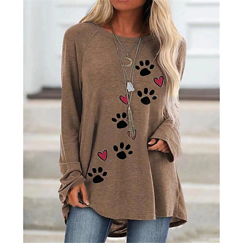 

Women's T shirt Heart Long Sleeve Round Neck Basic Tops White Khaki Navy Blue