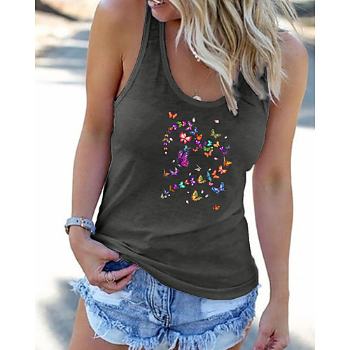 

Women's Butterfly Tank Top Vest Cat Heart Animal Print U Neck Basic Streetwear Tops White Black Gray