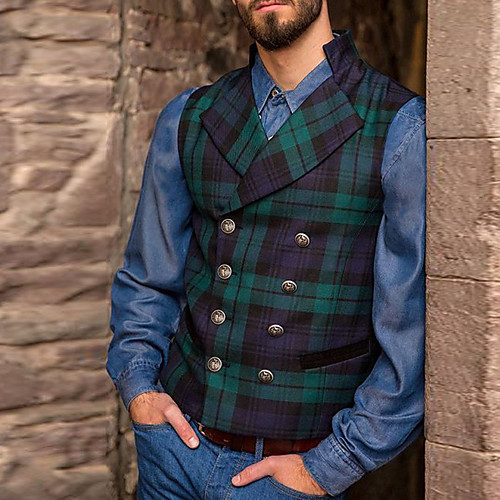 

Men's Suit Vest Waistcoat Party Evening Festival Casual Vintage British Plaid Double Breasted Slim Polyester Men's Suit Green - Shirt Collar