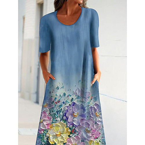 

Women's A Line Dress Midi Dress Blue Short Sleeve Pattern Summer Casual 2021 S M L XL XXL XXXL