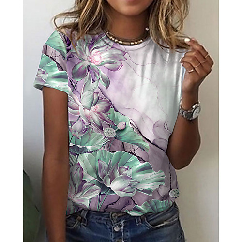 

Women's Floral Theme Painting T shirt Floral Color Block Print Round Neck Basic Tops Blue Green