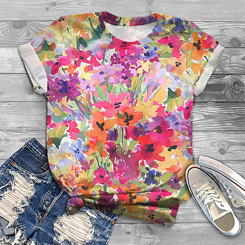

Women's Plus Size Tops T shirt Floral Graphic Print Short Sleeve Crewneck Basic Summer Rainbow Big Size XL XXL 3XL 4XL 5XL