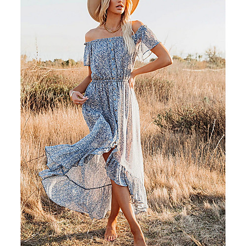 

Women's Swing Dress Maxi long Dress Blue Blushing Pink Short Sleeve Print Patchwork Print Spring Summer Off Shoulder Casual Holiday 2021 S M L XL