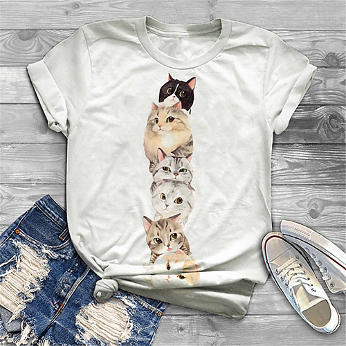 

Women's Plus Size Tops T shirt Cat Graphic Animal Print Short Sleeve Crewneck Basic Yellow White Big Size XL XXL 3XL 4XL 5XL / Holiday