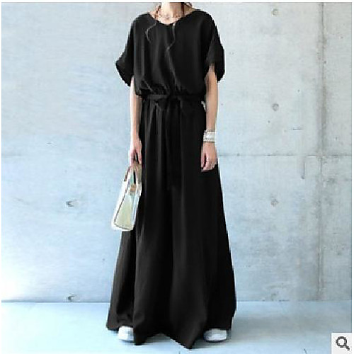 

Women's Swing Dress Maxi long Dress Gray khaki Green Black Short Sleeve Solid Color Spring Summer Casual Loose 2021 M L XL XXL XXXL