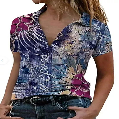 

Women's Floral Theme Blouse Shirt Floral Graphic Letter Print Shirt Collar Basic Streetwear Tops Blue Green Brown