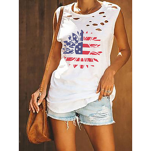 

Women's Independence Day Tank Top Vest Sunflower American Flag Stars and Stripes Cut Out Print Round Neck Basic Streetwear Tops Cotton White Army Green Black