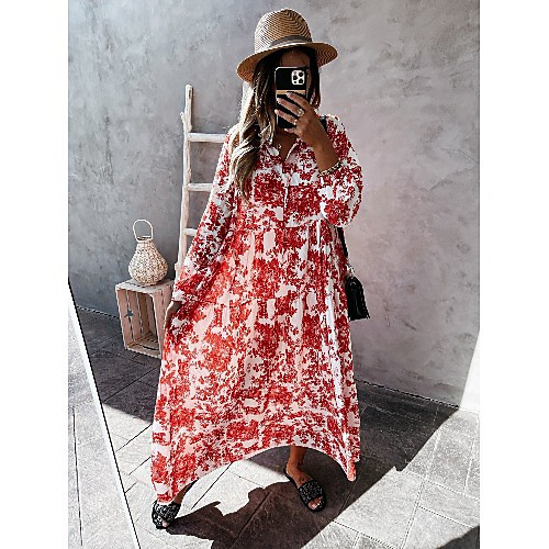 

Women's A Line Dress Maxi long Dress Blue Gray Green Red Long Sleeve Pattern Summer Casual 2021 S M L XL 2XL