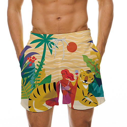 

Men's Casual Designer Quick Dry Breathable Beach Swimming Pool Shorts Bermuda shorts Board Shorts Pants Tiger Coconut Tree Animal Short 3D Print Drawstring Elastic Waist Yellow / Summer