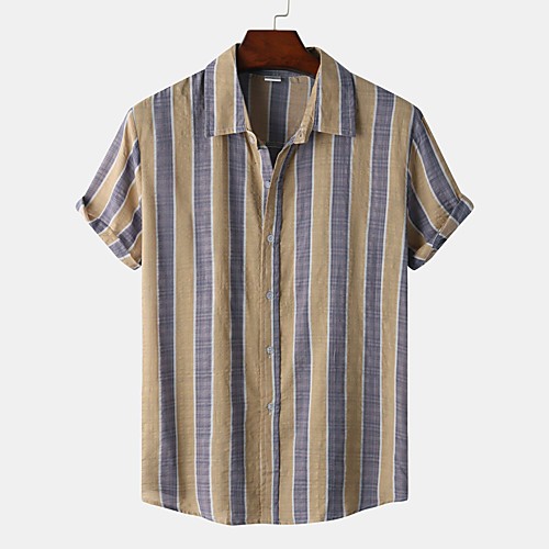 

Men's Shirt Striped Button-Down Short Sleeve Street Tops Cotton Casual Hawaiian Comfortable Khaki
