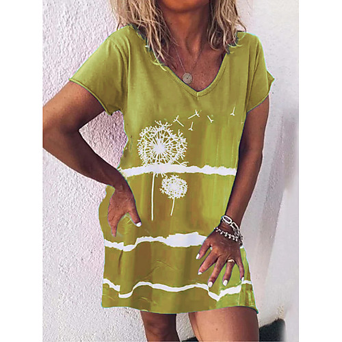 

Women's T Shirt Dress Tee Dress Short Mini Dress Purple Yellow Gray Green Red Short Sleeve Floral Print Print Summer V Neck Casual Loose 2021 S M L XL XXL