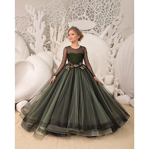

Princess Floor Length Flower Girl Dresses Party Tulle Long Sleeve Jewel Neck with Sash / Ribbon