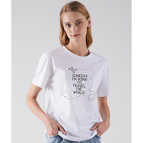 

Women's T shirt Letter Print Round Neck Basic Tops White Fuchsia Light gray