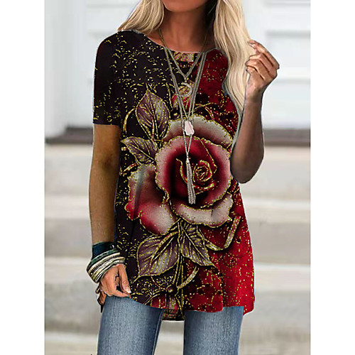 

Women's Floral Theme 3D Printed Painting T shirt Floral Color Block 3D Print Round Neck Basic Tops Red