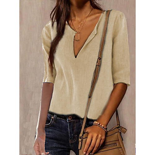

Women's Blouse Shirt Plain V Neck Basic Streetwear Tops Blue Red Light gray