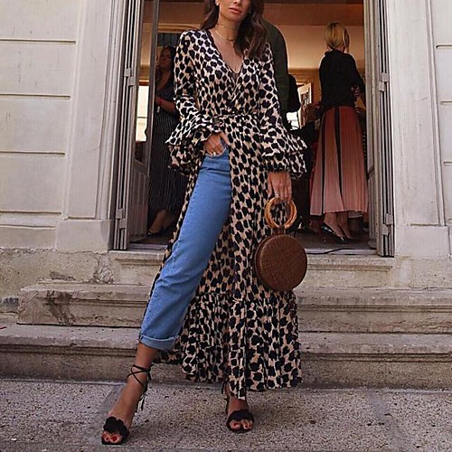 

Women's Shift Dress Maxi long Dress Photo Color Long Sleeve Animal Fall Winter V Neck Casual 2021 S M L XL 2XL