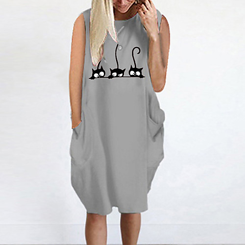 

Women's T Shirt Dress Tee Dress Knee Length Dress Blue Yellow Fuchsia Gray Green White Black Sleeveless Cat Animal Summer Round Neck Casual Oversized 2021 S M L XL XXL 3XL 4XL 5XL