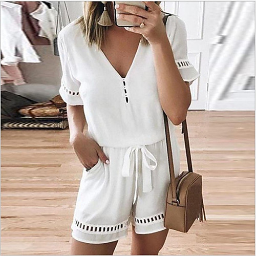 

Women's Casual Daily V Neck Lace up White Blue Red Romper Solid Color
